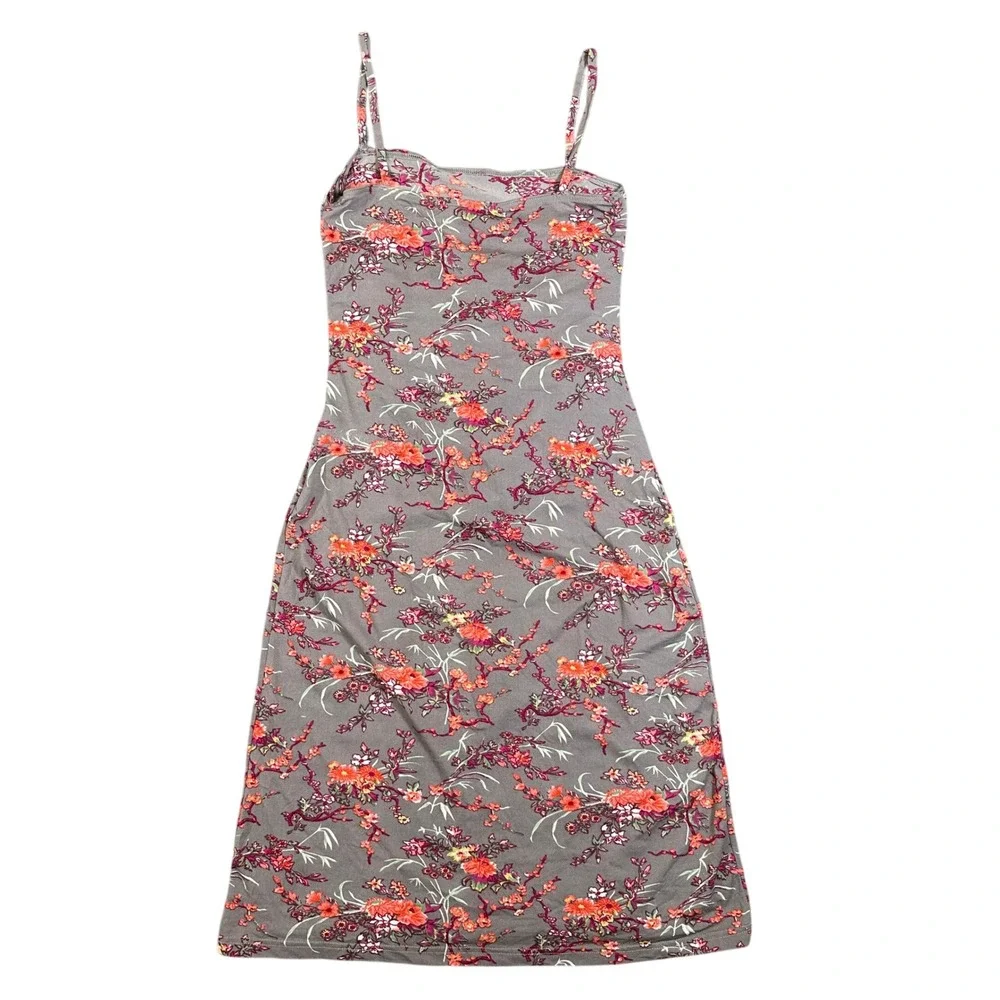 Free People Floral Ruched Midi Dress Grey Pink Orange Spaghetti Strap Medium
